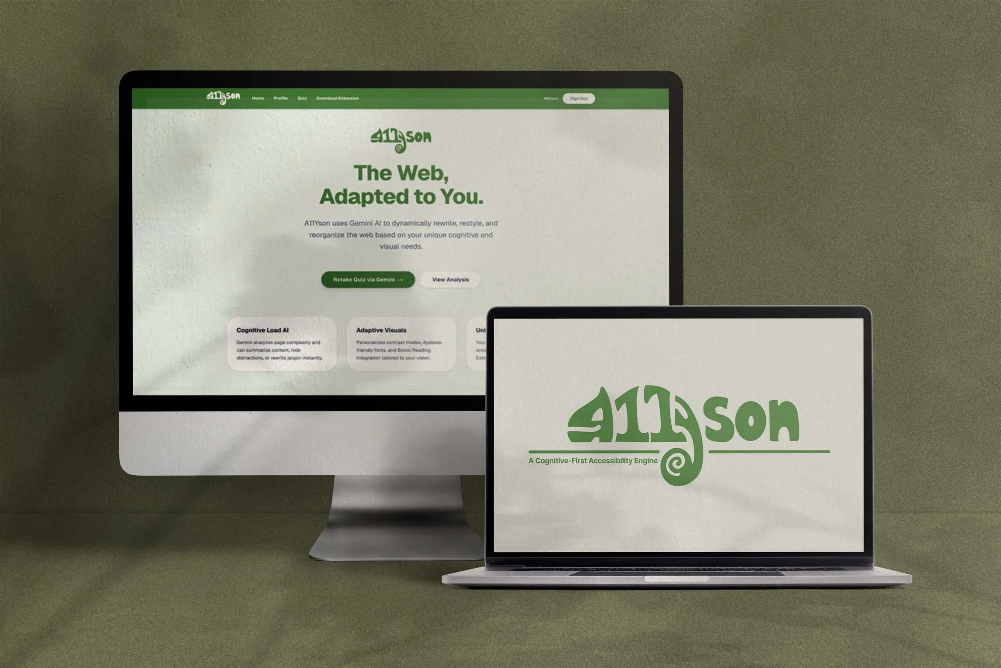 A11yson website on a desktop monitor and laptop, with the chameleon logo
