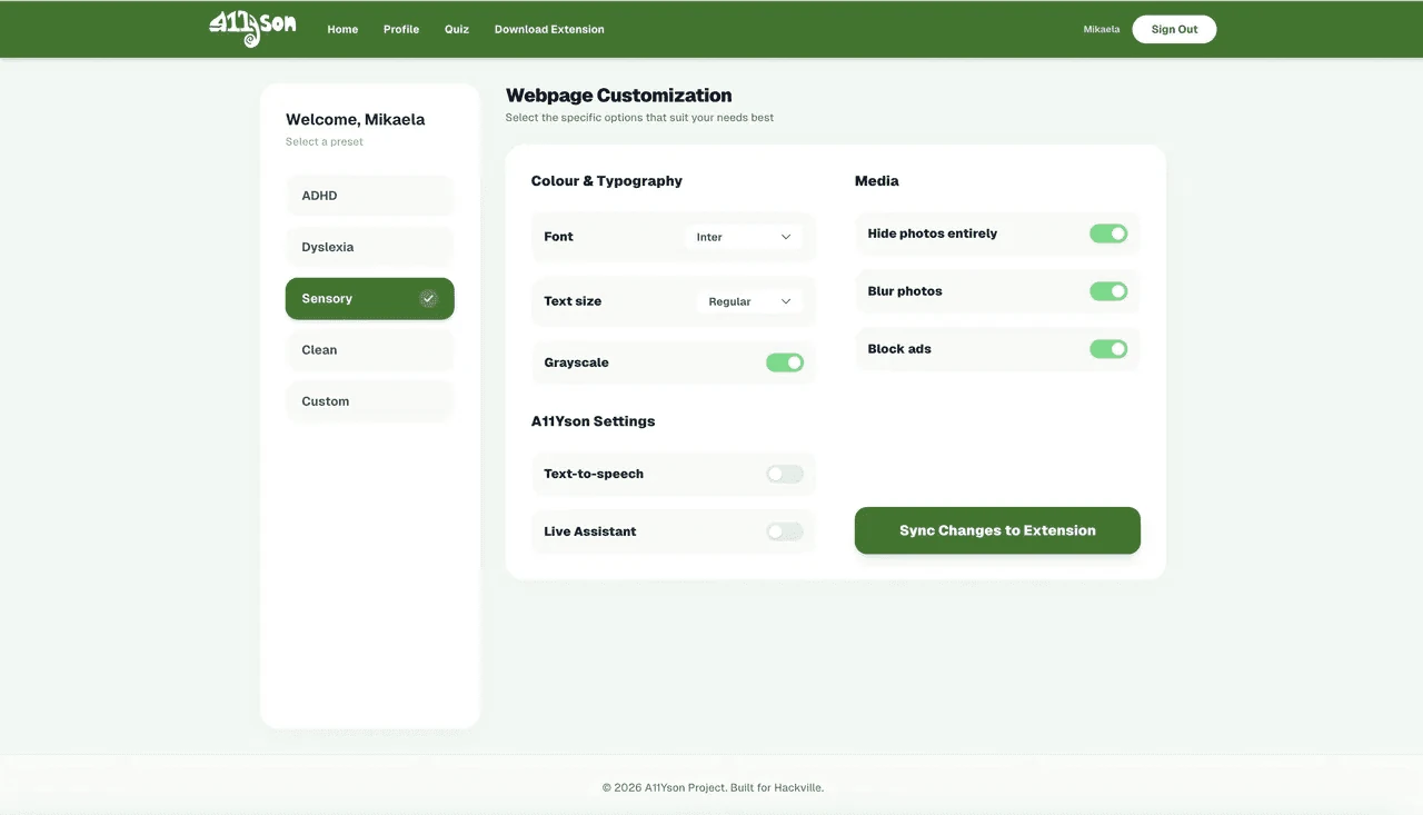 A11yson webpage customization dashboard