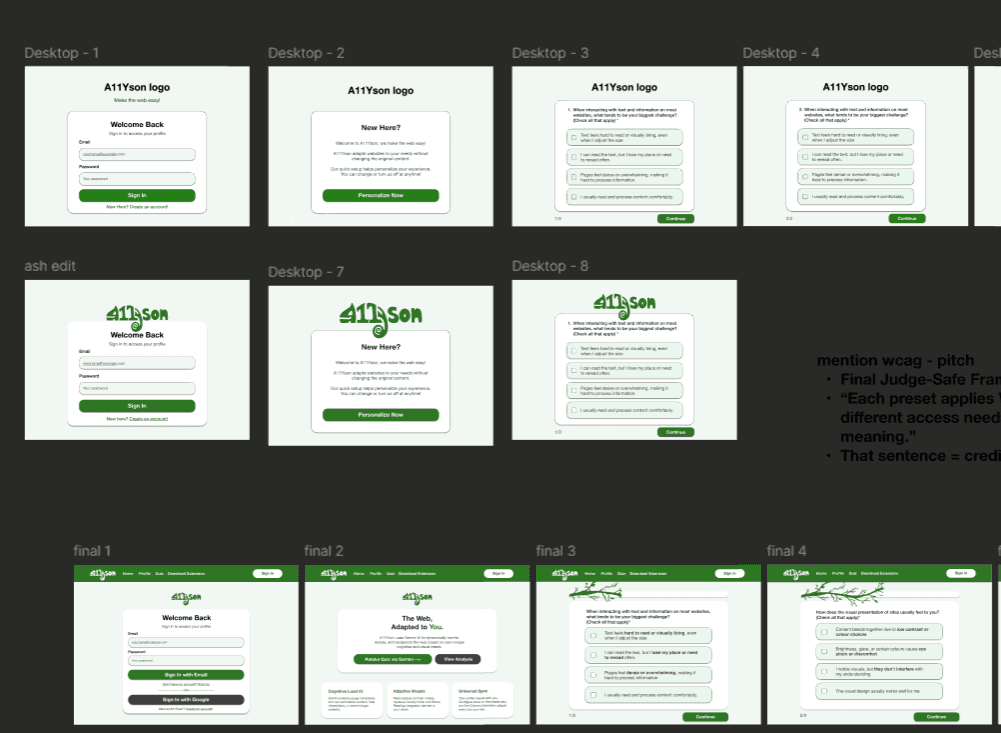 Wireframes of the A11yson website