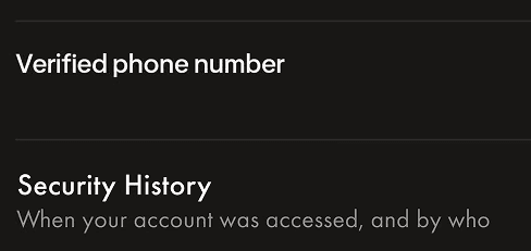 Mid-fidelity screen: verified phone number and security history