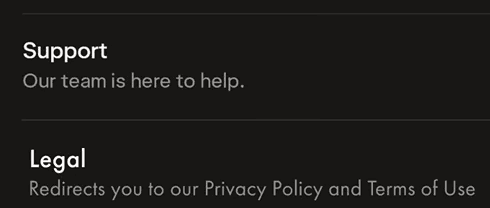 Mid-fidelity screen: support and legal rows